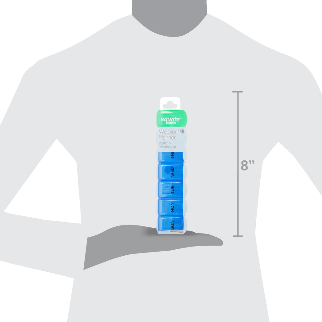 Equate Weekly Pill Planner and Pill Box Organizer, Contains 7 Compartments, Compact, Travel-Friendly