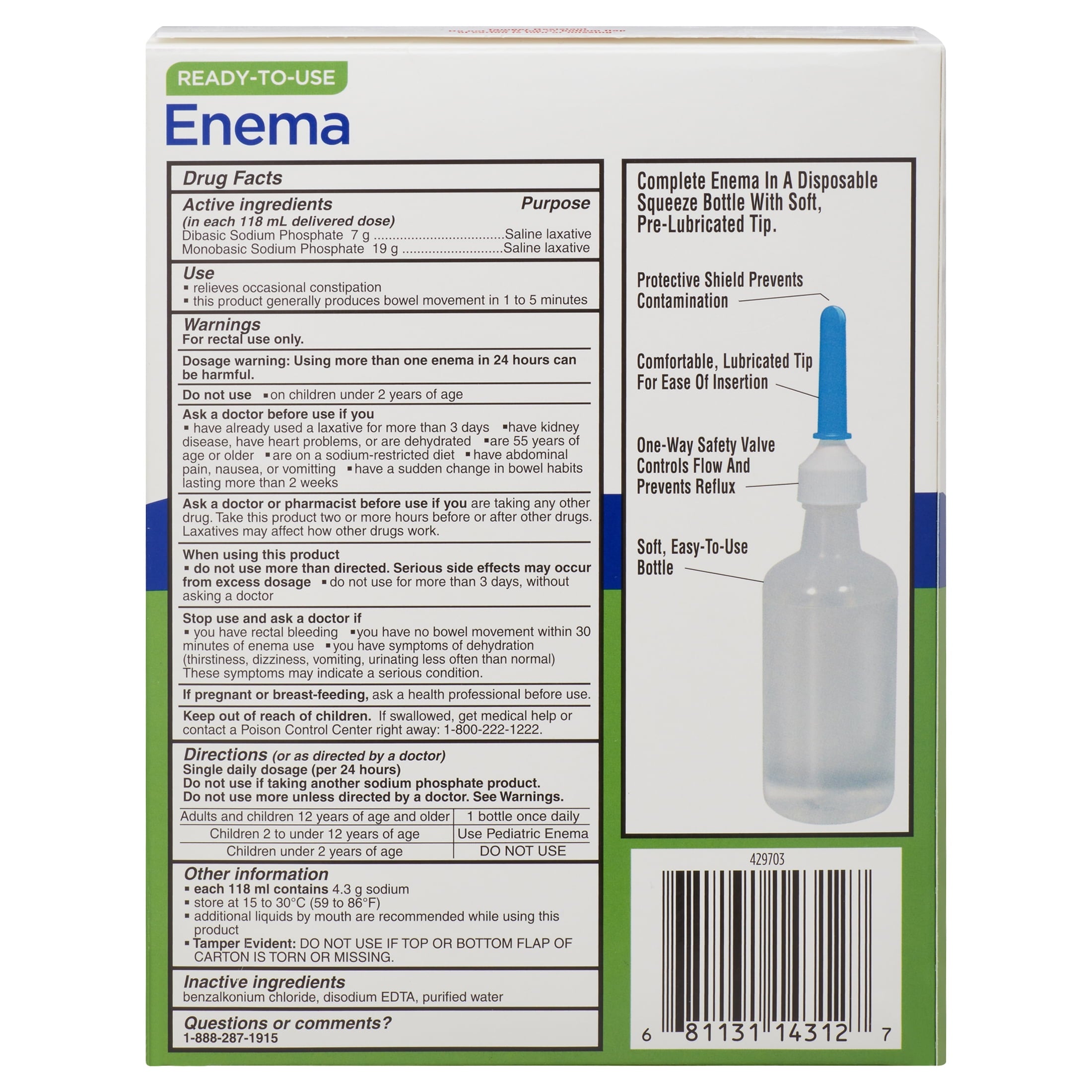 Equate Enema Sodium Phosphates Saline Laxative, 4.5 fl. oz., 6 Count