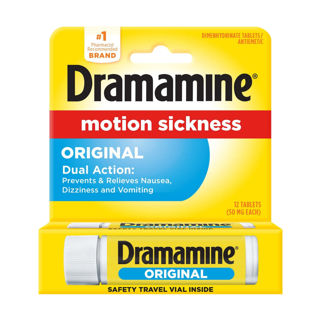 (2 pack) Dramamine Original, Motion Sickness Relief, Sensitive Stomach Travel Vial, 12 Count
