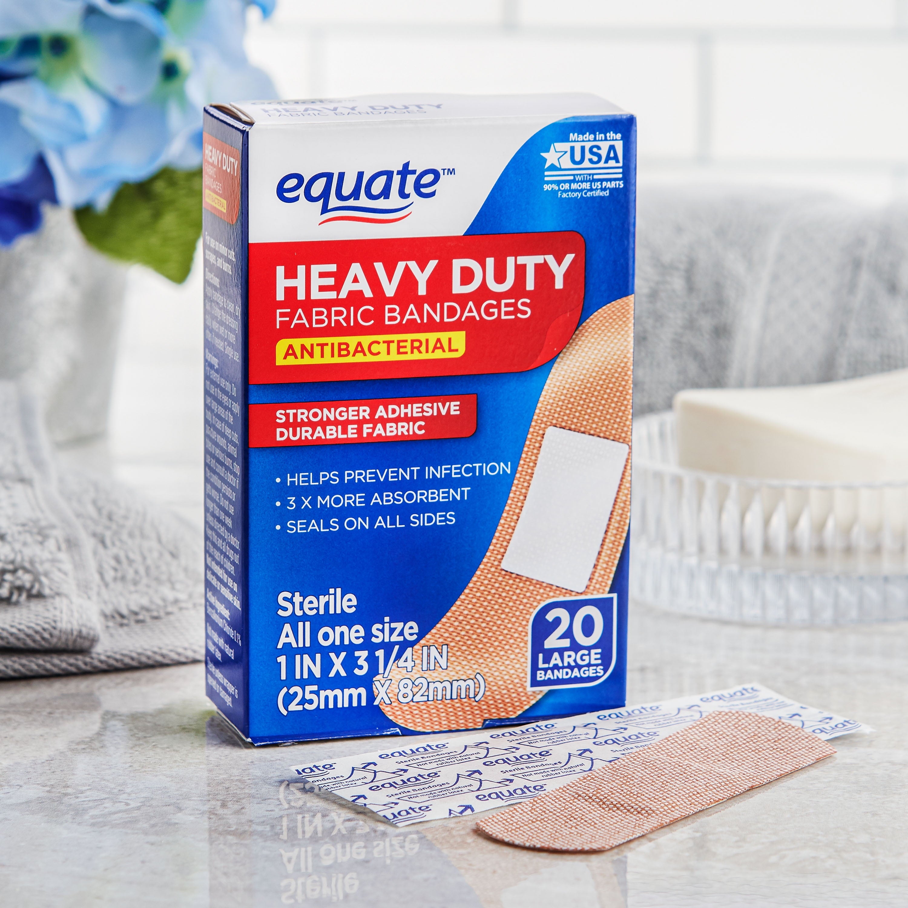 Equate Heavy Duty Fabric Antibacterial Bandages, Large, 20 Count